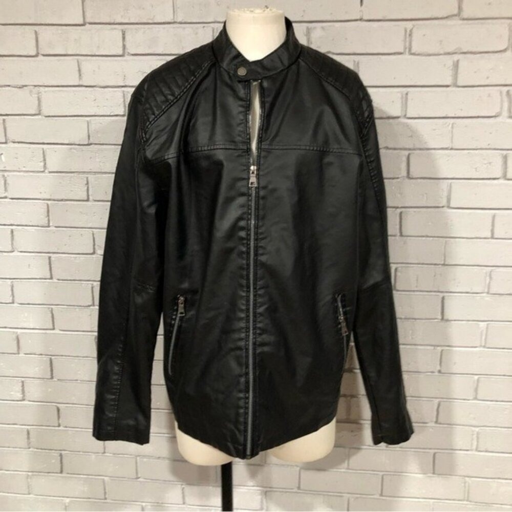Barneys Originals Mens Faux Leather Racer Jacket Black Quilted Shoulder XL